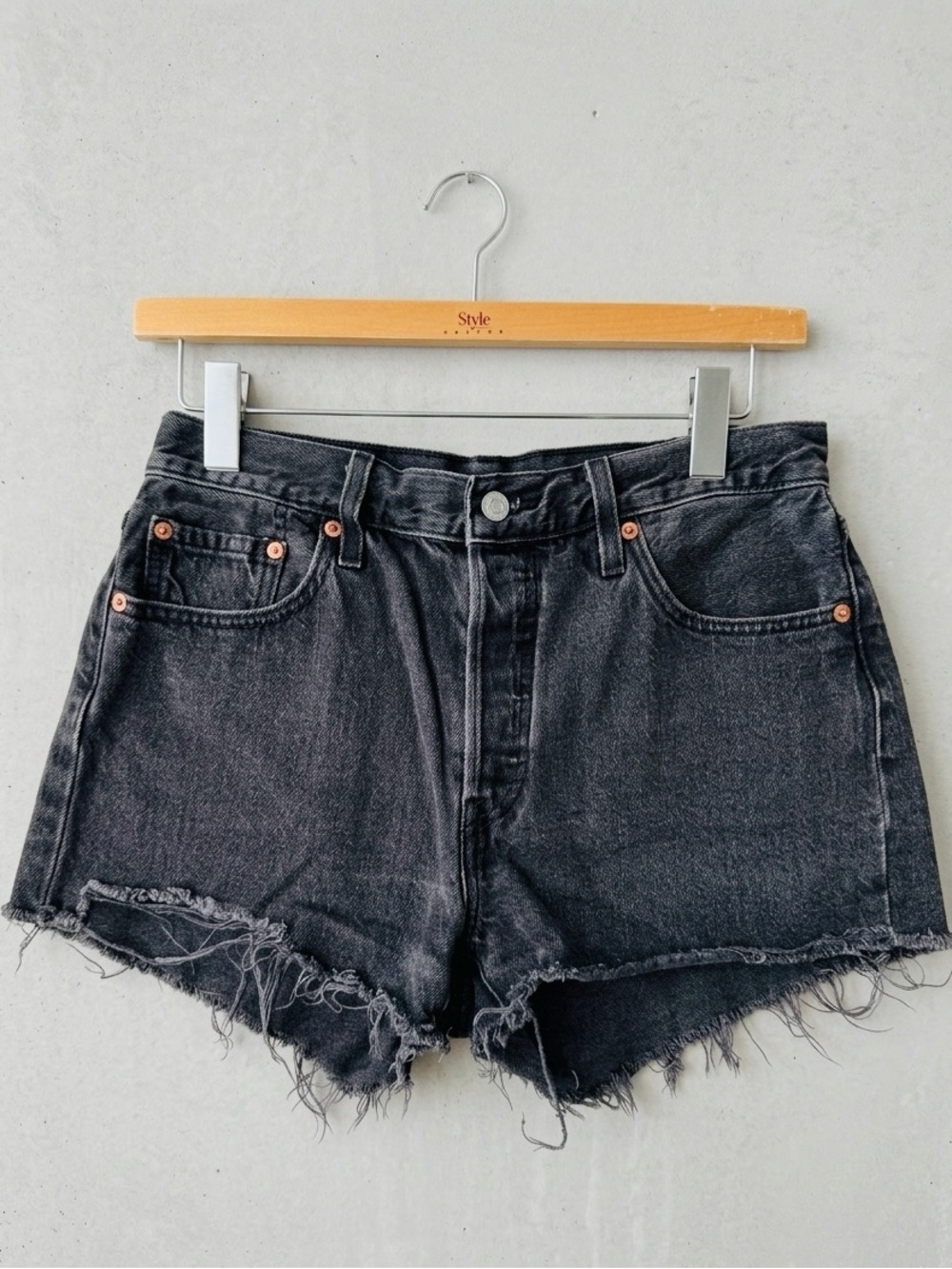 Levi's Black Washed High-Rise Frayed Denim Shorts
